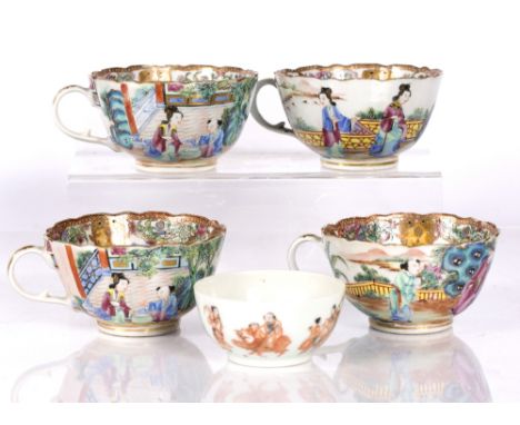 Four Chinese Canton enamel tea cups and a small bowl painted in enamels with immortals (5)