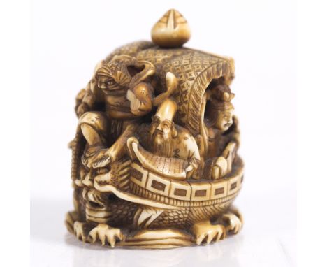 A Japanese ivory okimono netsuke carved as the Shichifukin late Meiji aboard the Takarabune, on shaped base edged with waves,