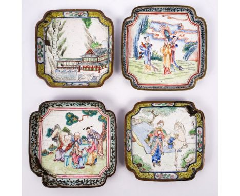 Two Chinese Canton enamel square pin trays Qianlong 9.5cm x 9.5cm and another pair of Chinese Canton enamel pin trays, 18th/1