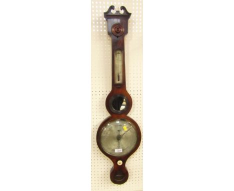 A 19thC mahogany wheel barometer, with moulded cornice, thermometer, mirrored panel and silvered dial, bearing name D Coppin 