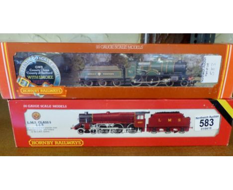 Two Hornby model locomotives, L.M.S class 5 R.842 and GWR County Class locomotive, County of Bedford R.392