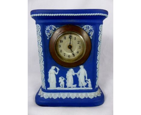 Wedgwood blue dip Jasperware mantel clock impressed WEDGWOOD to base. H: 15 cm