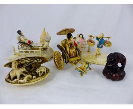 Four Oriental faux ivory figural groups and a Netsuke