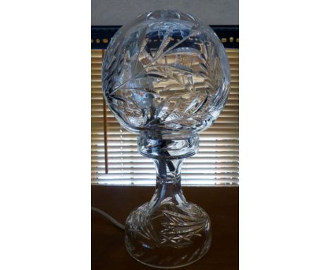 Cut crystal lamp with globular cut crystal shade with foliate design ( not tested ) H 35cm