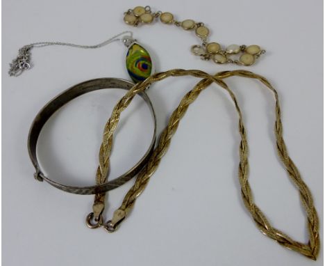 Silver hallmarked bangle, plaited necklace and a white metal pendant and bracelet