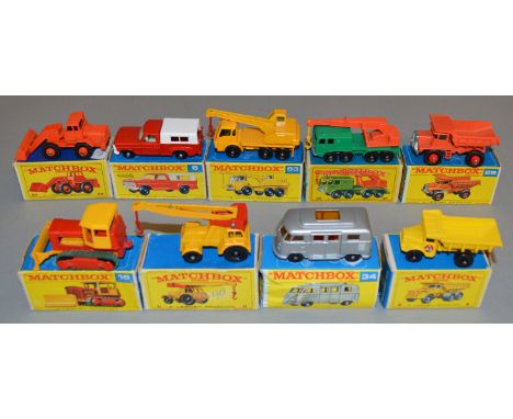 9 Matchbox 1-75 Series Regular Wheel models including 6d Ford Pick Up with white grille, 28d Mack Dump Truck, 34c Volkswaqgen
