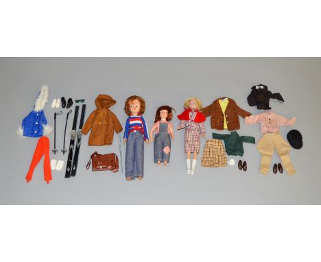 3 unboxed vintage clothed dolls, Sindy, Patch and Lady Penelope together with a small quantity of clothing and other accessor