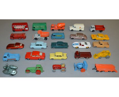 25 unboxed Regular Wheel models from the Matchbox 1-75 series including 7b Ford Anglia, 11b Esso Tanker and 34a Volkswagen Va