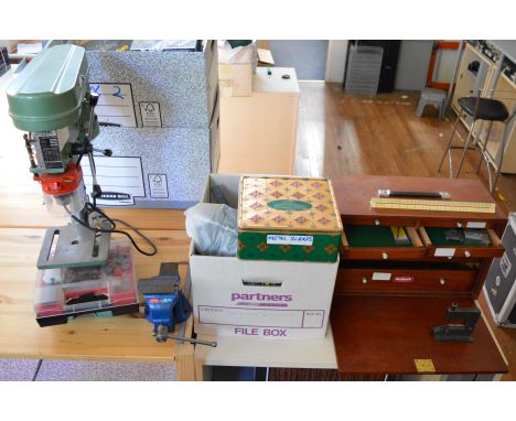 A Nu-Tool 5 Speed Drill Press, a 'Paramo' Bench&nbsp; Vice, a Roebuck wooden seven drawer Cabinet with carrying handle and so