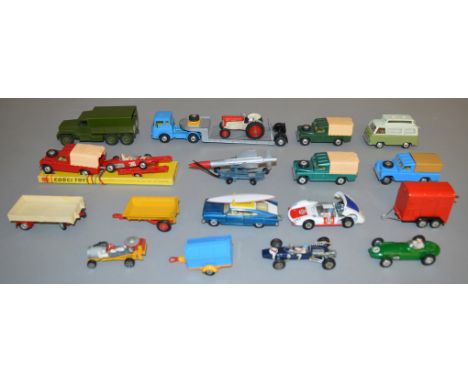 20 unboxed Corgi Toys diecast models including a Land Rover and Ferrari on Trailer on reproduction plinth, a Marlin Rambler w