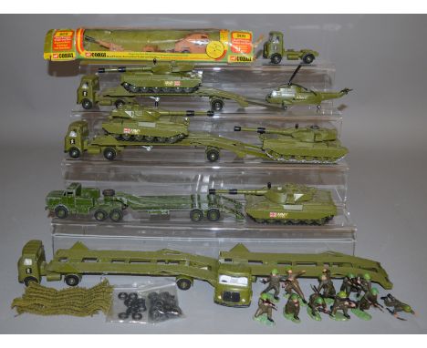 A boxed Corgi Toys 909 Quad Tractor, Trailer and Gun, G/G+ in P box together with a number of Dinky Toys military vehicles wi