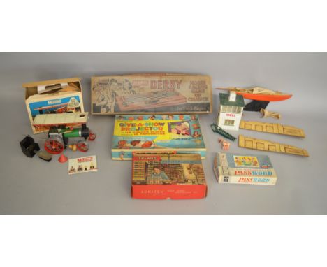 An interesting mixed lot which includes; Merit Derby Horse Racing Game, Tri-ang Arkitex construction kit, Mamod Steam Tractor