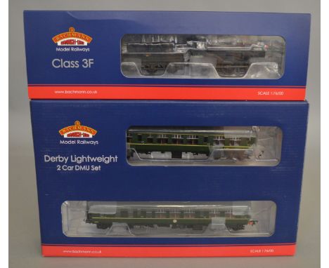 OO Gauge. A boxed Bachmann 32-516A DCC Ready Derby Lightweight 2 car DMU BR green with Speed Whiskers together with Bachmann 