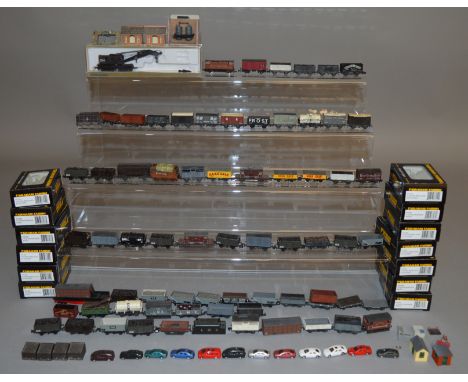 N Gauge. 68 unboxed Wagons of various types, by Graham Farish, Lima, Peco and others incluiding a boxed Roco Crane Wagon 'CN'