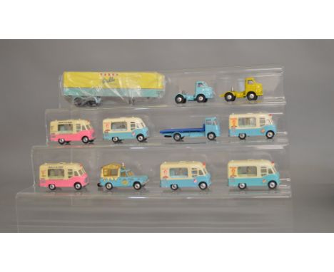 10 unboxed Corgi diecast models including 6 repainted&nbsp; #428 Karrier Ice Cream Van models, four in 'Mr Softee' livery, th