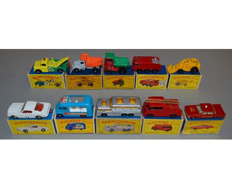 10 Matchbox 1-75 Series Regular Wheel models including 2c Muir Hill Dumper 'Laing', 9c Merryweather Marquis Fire Engine with 