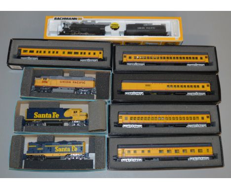 HO Gauge. A boxed Bachmann 54501 Mikado 2-8-2 Locomotive with smoke and Tender in Union Pacific livery together with three bo