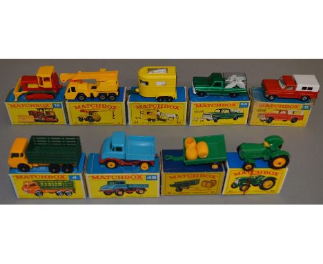 9 Matchbox 1-75 Series Regular Wheel and Superfast models including 4d Dodge Stake Truck, 50b John Deere Tractor with BPT (in