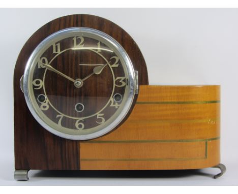 Norland Art Deco period three tone mahogany,rosewood and satin wood mantel clock, W31cm, H24cm