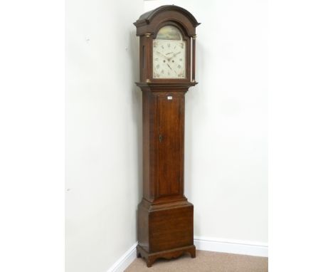 Late 18th century oak and mahogany banded longcase clock, eight day movement, painted enamel lake scene signed (Christopher) 