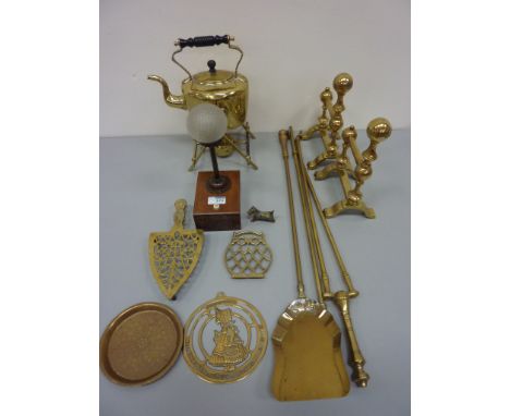 Art Deco period battery operated table lamp H26cm, brass gypsy kettle, fire implements and other decorative brassware 