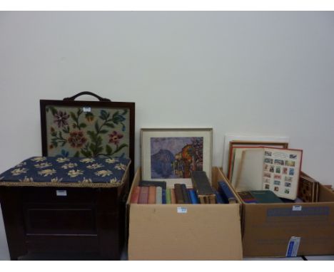 Books, prints, firescreen with floral woolwork panel, mirror and a stool with a hinged top in two boxes