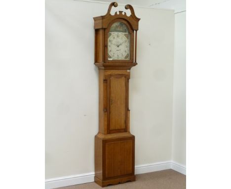 Early 19th century golden oak and mahogany longcase clock, birds eye maple frieze panel and inlaid detail, 30 hour movement w