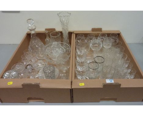 Heavy cut glass decanter, drinking glass sets and other glassware in two boxes