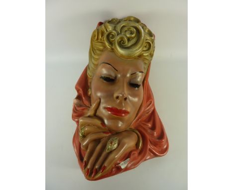 Art Deco period Goldscheider style chalkware female face wall plaque H37cm 