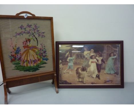 Firescreen with woolwork panel and a colour print after Arthur J. Elsey