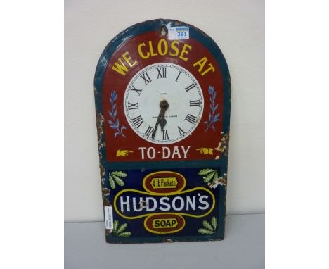 Advertising - 19th century Hudsons Soap enamel shop sign incorporating a clock face Rd. No.  250687 H46cm 