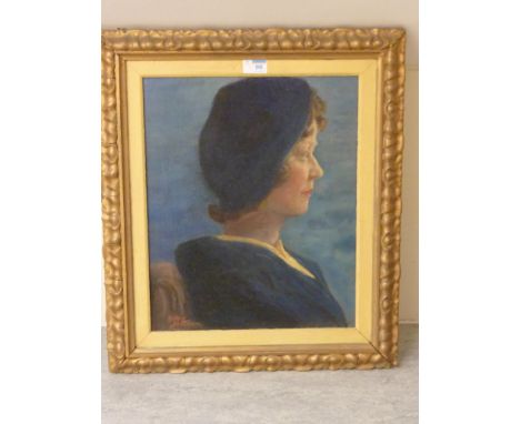 Portrait of a Lady in Blue Hat, oil on board signed by Harry Bateman 43cm x 35cm