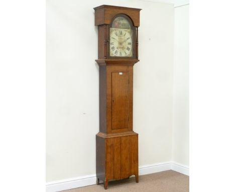 Late 19th century golden oak longcase clock, 30 hour movement with painted enamel dial, H212cm