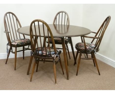Ercol medium elm oval drop leaf table and four chairs, L125cm (open), W113cm