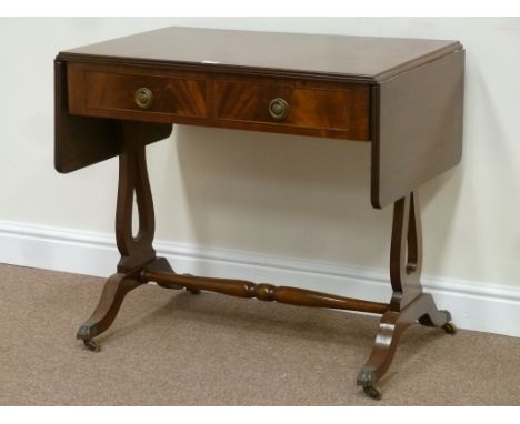 Reproduction mahogany drop leaf sofa table fitted with two drawers, W82cm (closed)