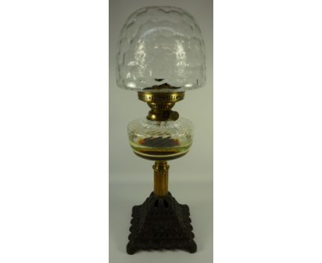 Victorian oil lamp with clear glass reservoir and shade H55cm 