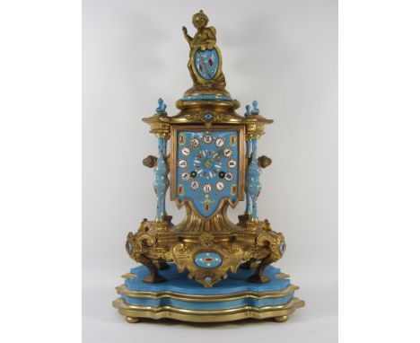 19th century French gilt metal boudoir clock with Sevres style porcelain dial and mounted blue enamel - Japy Freres rack stri