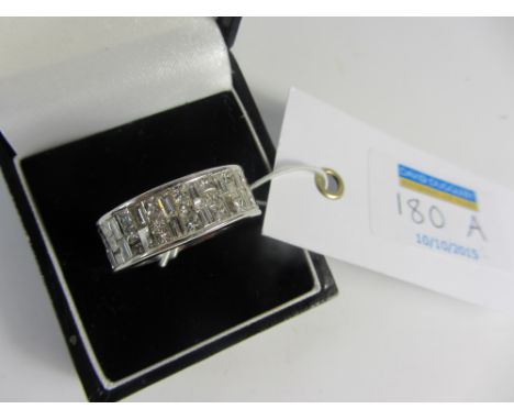 White gold ring set with rows of baguette diamond and diamonds hallmarked 14ct
