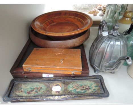 A selection of treen including spoon collection and display case, turned bowls and geometry set also vintage tin box containi