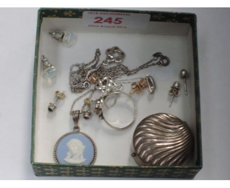 A small selection of white metal jewellery including Wedgwood pendant, moonstone ring, earrings, trinket box etc