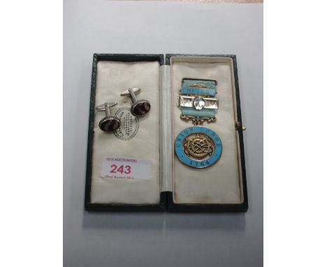 A pair of white metal and Blue John cufflinks and an HM silver gilt and enamel Masonic jewel re Union Lodge 1764