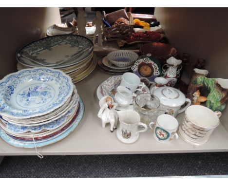 A shelf of mixed ceramics including Minton plates etc