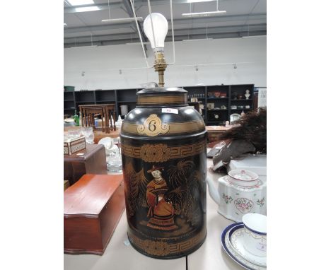A table lamp in the form of a Ringtons tea caddy