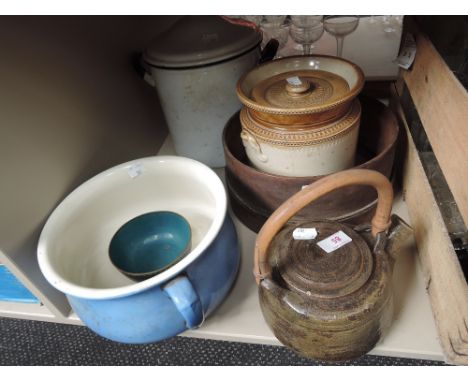 A miscellaneous selection including enamel bin, studio pottery kettle etc