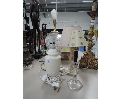 Three table lamps including cut glass lamp and a candle lamp