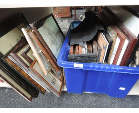 A shelf of various prints pictures and gilt framed mirrors