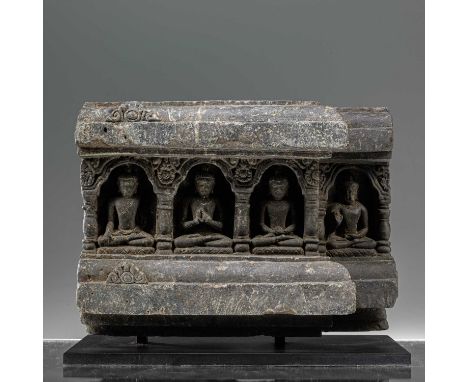 Dimension: Height 24 cm ; Wide 29 cm ; Depth 10 cm with baseWeight: 16198 grams  A dark stone Buddhist Stupa base Northern In