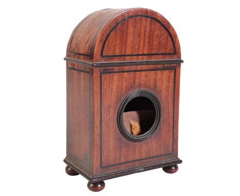 A VICTORIAN MAHOGANY AND EBONY INLAID POCKET WATCH HOLDERin the form of a mantel clock, on bun feet and oval arched top, appr