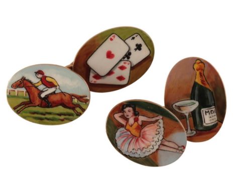 A PAIR OF 15CT GOLD AND ENAMEL CUFFLINKS: 'THE FOUR VICES'the flat section oval faces with hand painted enamel decoration, de