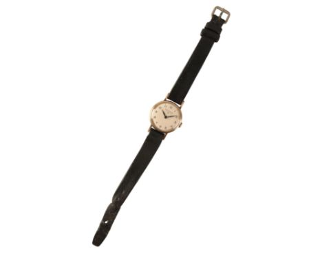 LONGINES: A LADY'S 9CT GOLD WRISTWATCHwith manual wind movement, the silver dial with black Arabic numerals and dark blue ste